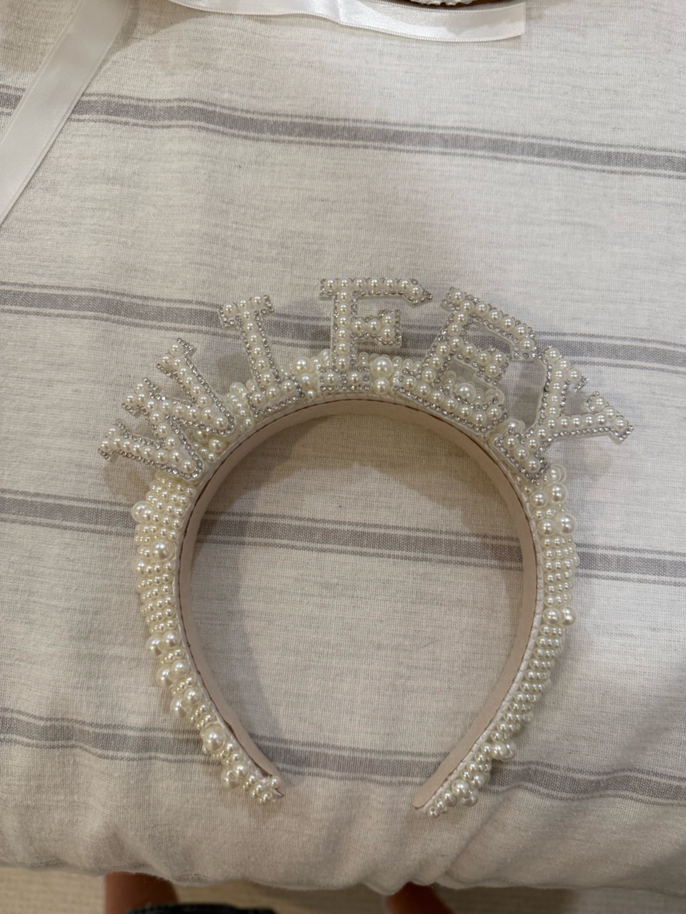 Wifey Pearl Embellished Headband in Cream